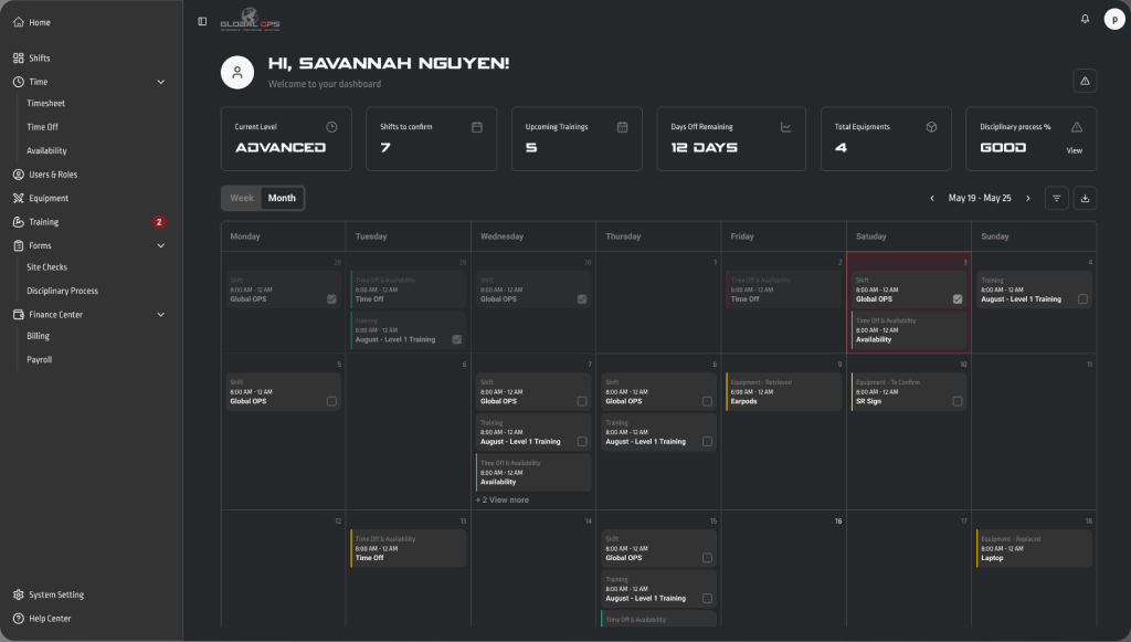 Dashboard Global Ops: calendario de turnos y métricas operativas
