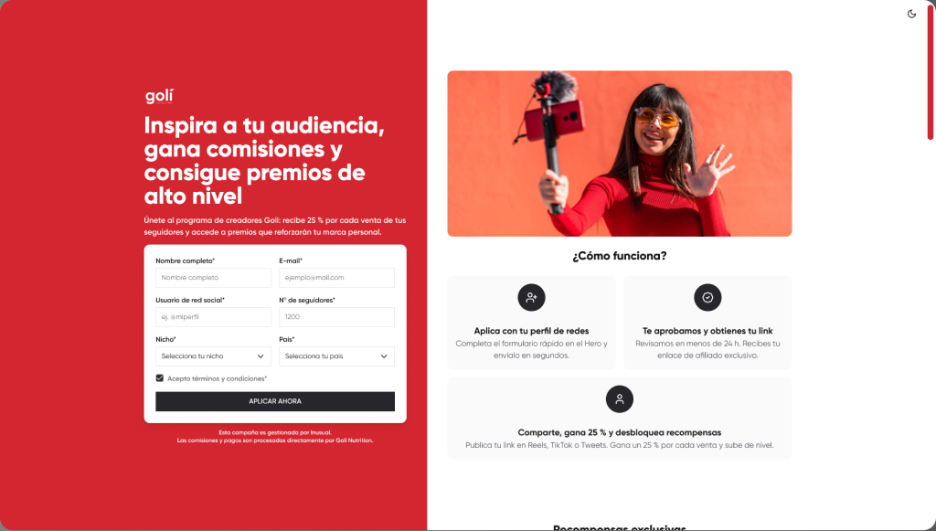 Goli: plataforma de creadores con formulario de inscripción